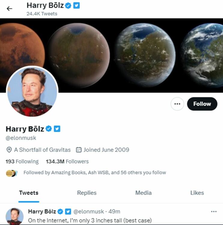 Мъск смени името си в Twitter на "Хари Болц"