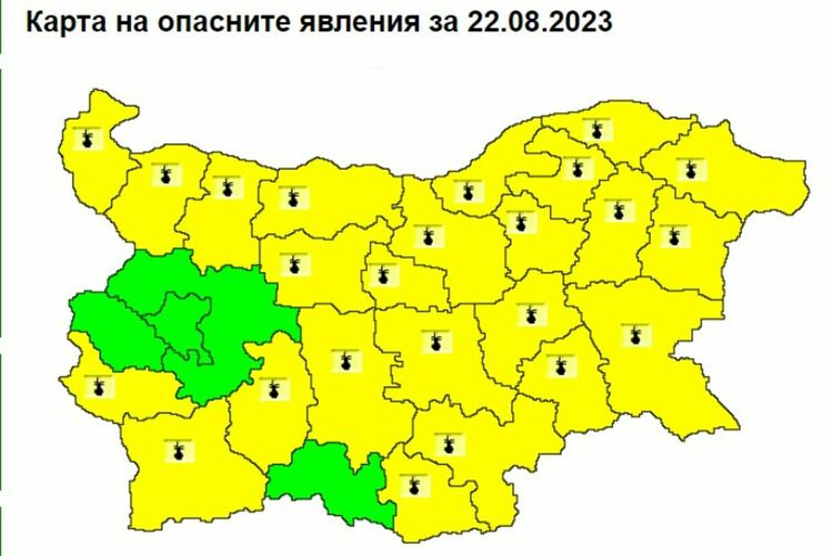Жълт код за горещо време за 24 области